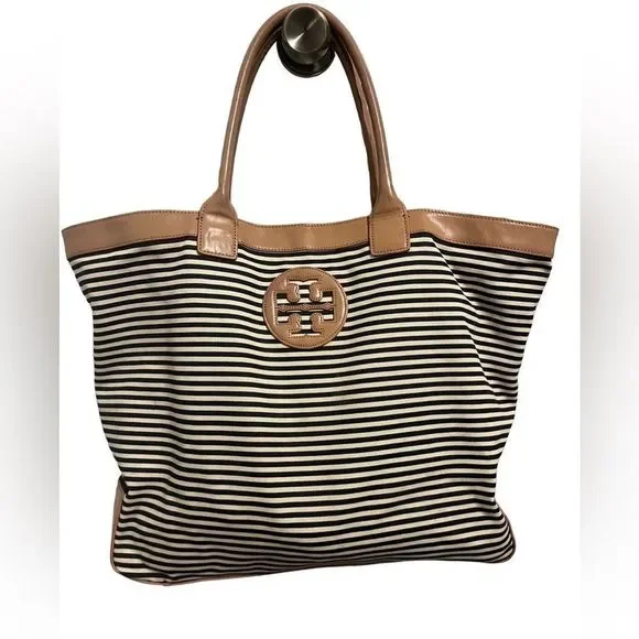 Tory Burch Navy and Ivory striped tote - good condition! - Picture 1 of 9